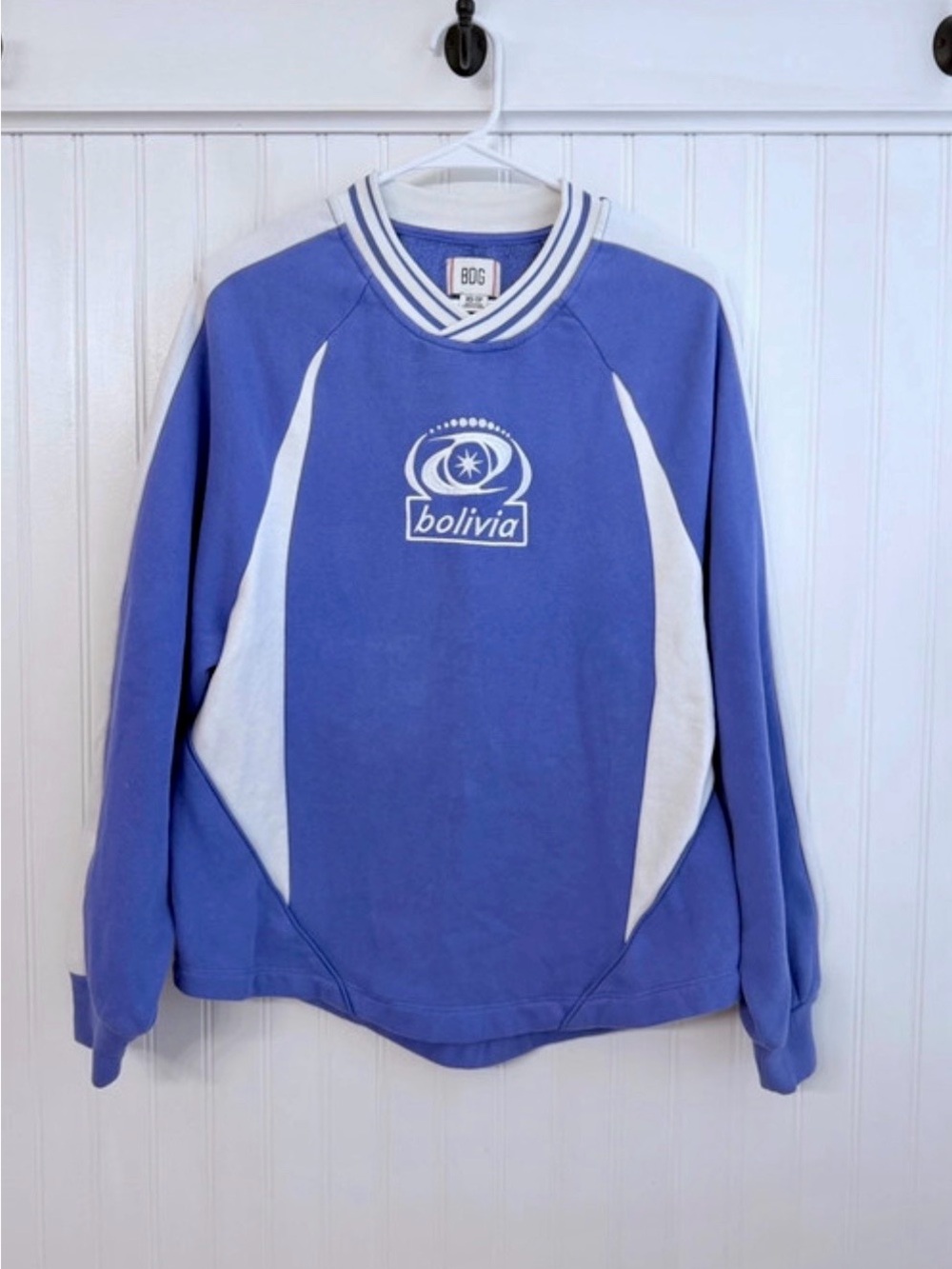 BDG Bolivia Crewneck Sweater in Periwinkle Blue and White
